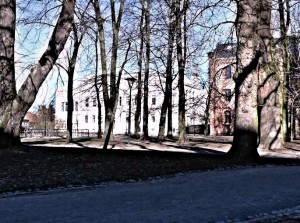 My university, the white building not too well seen behind some young trees, and the medieval King's House where we also had some classes. Photo taken on a cold winter day in February 2011.