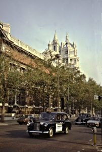 Victoria and Albert Museum and London taxis in Cromwell Gardens, a block or two behind Knightsbridge. From a visit to London in 1988, when we also saw our Friend Katarina who worked as a guide in London at the time.