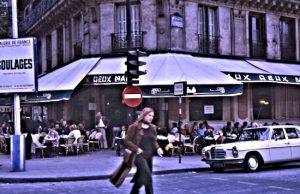 Le Café des Deux Magots where Jean-Paul Sartre and other 'existentialistes' are said to have spent most of their days writing in the back of the interior, having ordered one cup of coffee for the day.