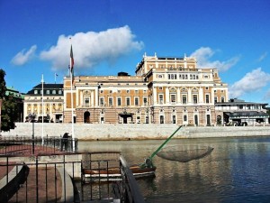 A side view of the Royal Opera in Stockholm seen from Norrbro, or more precisely from Strömparterren, a little park off the bridge.