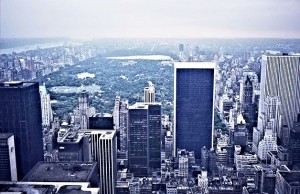 A hazy view over Central Park with all its ponds and lakes from the top of the Three Sixes. Hudson River can vaguely be seen on the left.