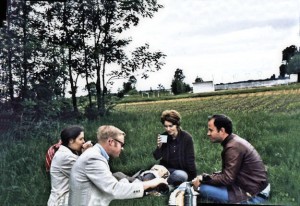 Picnicking with Jim and Sandy. we are in the neighborhood of the ruined château Blandy-les-Tours. The picture was taken with John's camera sitting on my car so it got to be quite crooked. I managed to do only a partial recovery but it's a fun memory as it is.