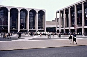 Lincoln Center; the Metropolitan Opera left and the New York Philharmonic Hall on the right; later called the Avery Fisher hall