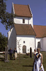 Sövde little church, beautiful and so typical for a 'skånsk' church. Siv in her Marimekko dress from Helsinki in 1981